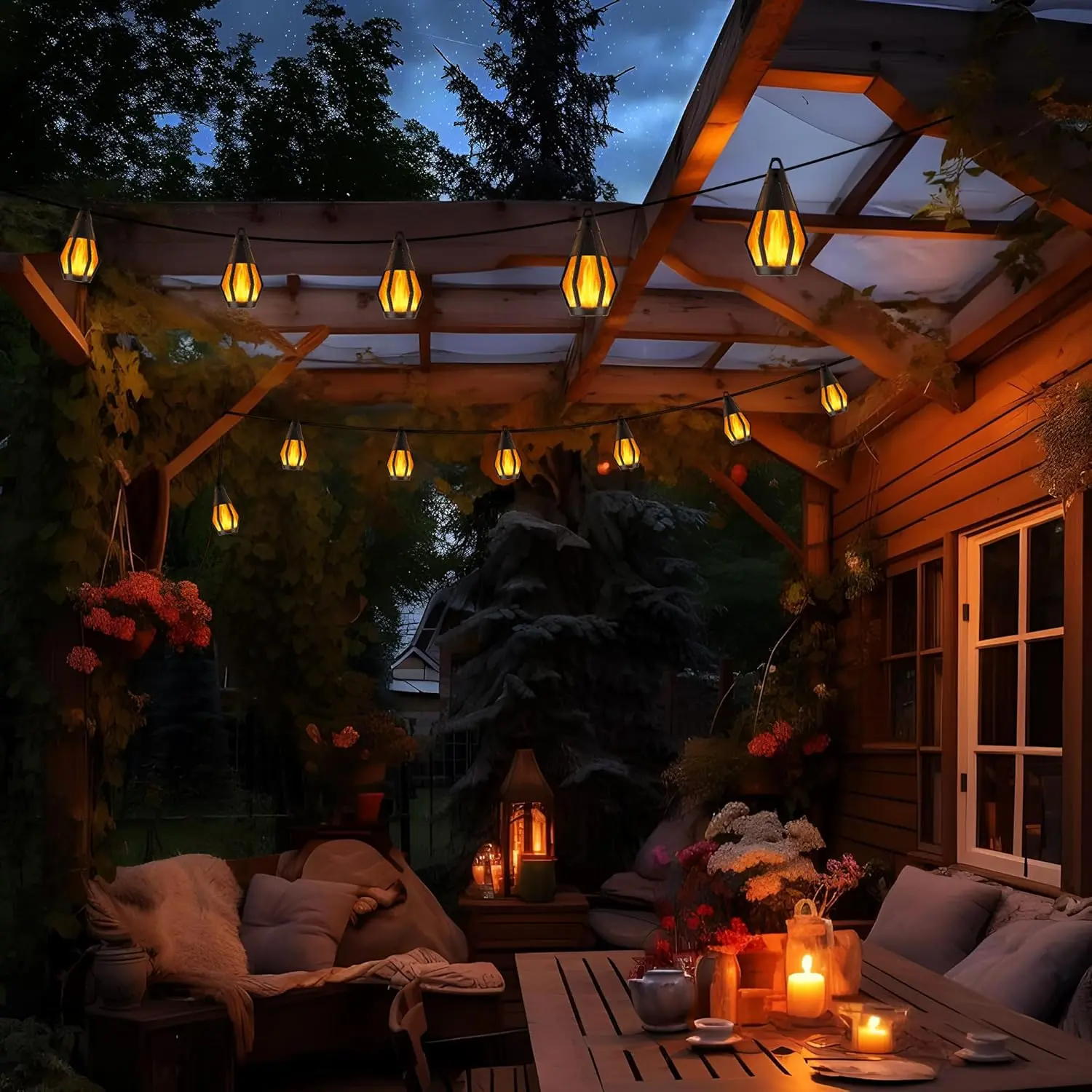 Outdoor solar light string, 33 feet solar garden light strip with 15 flickering flame bulbs, waterproof warm white solar outdoor lamp, suitable for garden, courtyard, terrace, pavilion, tavern, café, party .  solar  flickering  flame  lights  home super s