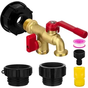 IBC Tote Adapter Dual Outlet Faucets 275-330 Gallon IBC Tote Water Tank Fittings,3/4''NPT to Double 3/4''GHT Outlet Brass Garden Hose Valve with 3 Adapter,Apply to IBC Containers, Ton Barrels