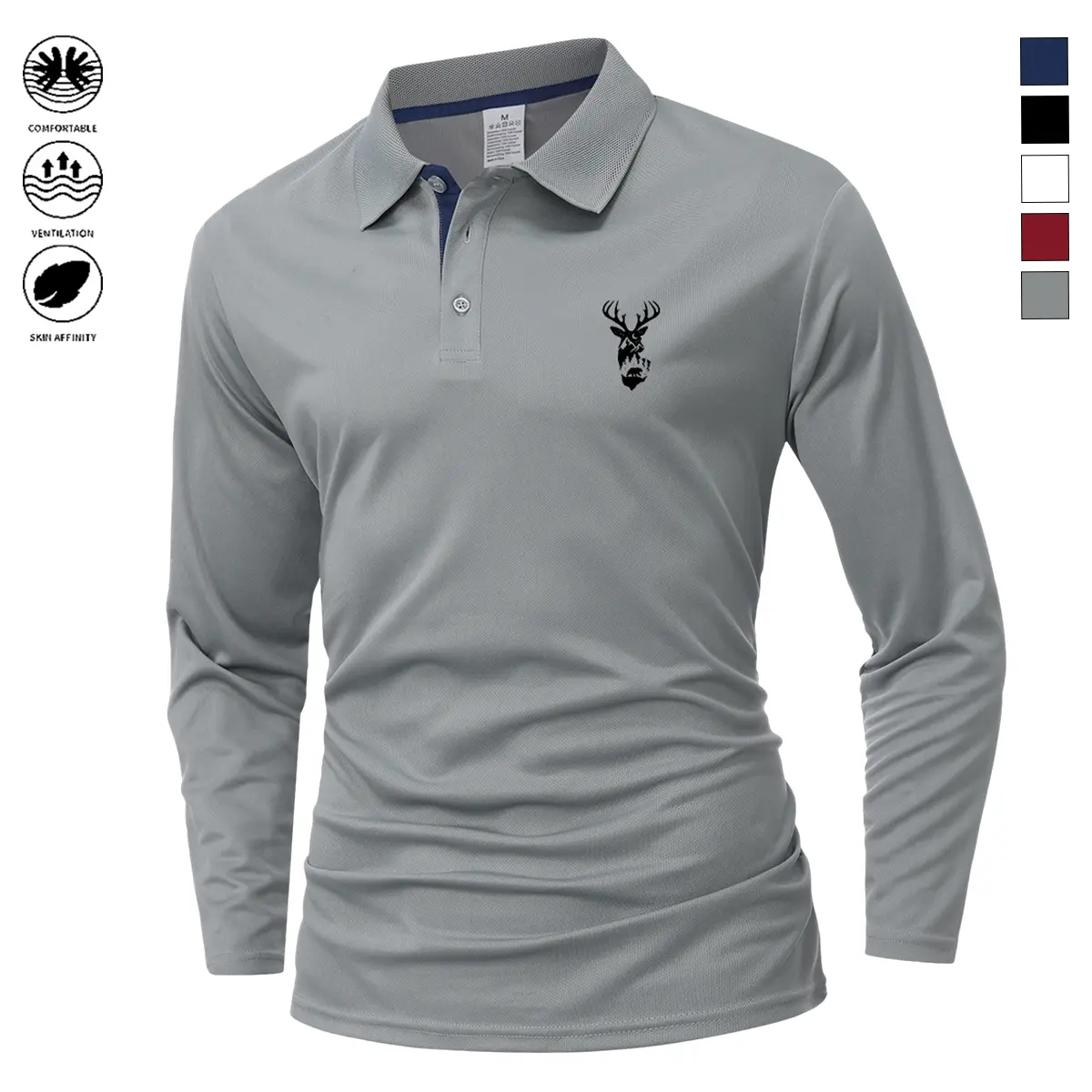 Men's Collared Long Sleeve Polyester Polo Shirt - Menswear Top, Casual Chic Printed Golf Shirt, Breathable for Outdoor Sports & Spring/Autumn Everyday Wear, Long Sleeve Shirt