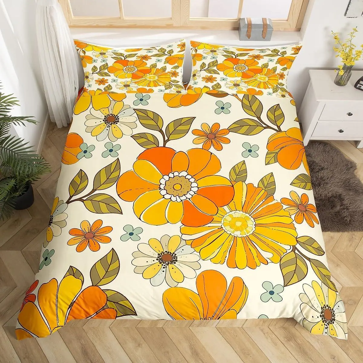 Retro Flowers Duvet Cover Set,Watercolor Yellow Floral Green Leaves Plant Comforter Cover for Kids Boys Bedroom Gift,70s Trippy Daisy Bedding Set,Bedspread