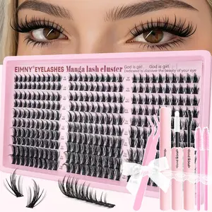 300Pcs Manga Lash Cluster Extension Kit with Bond & Seal and Tweezers, Reusable Natural Wispy Fluffy Cluster Lashes, Long Lasting Soft DIY Eyelashes Perfect for Holiday Party Wedding Prom Date Night Daily Makeup for Beginners, Eyelash Extensions