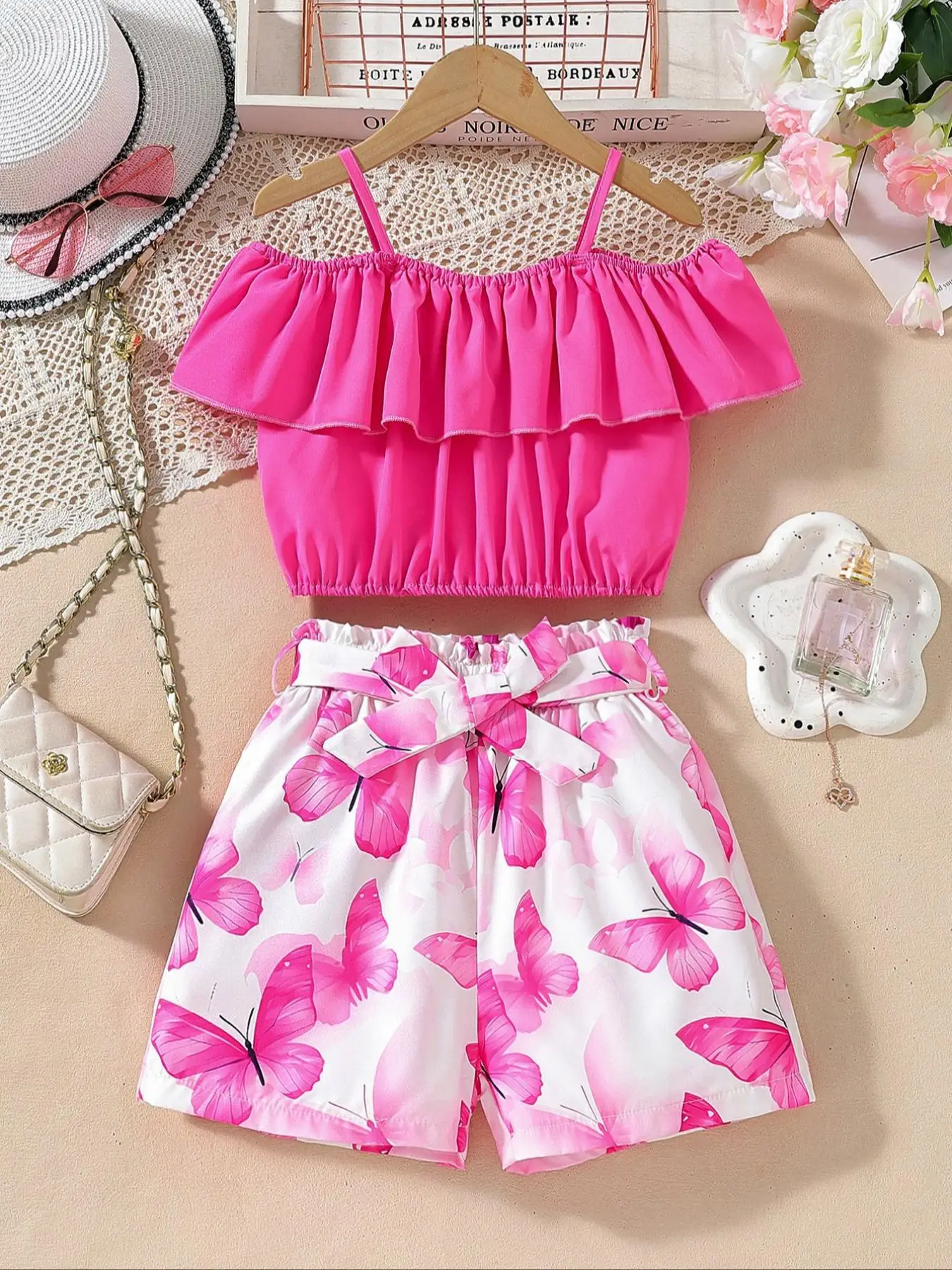 Two-piece Set Set Girl's Floral Print Ruffle Trim Crop Top & Belted Shorts, Casual Butterfly Sleeve Top & Shorts for Daily Wear, Kids Summer Clothes,
