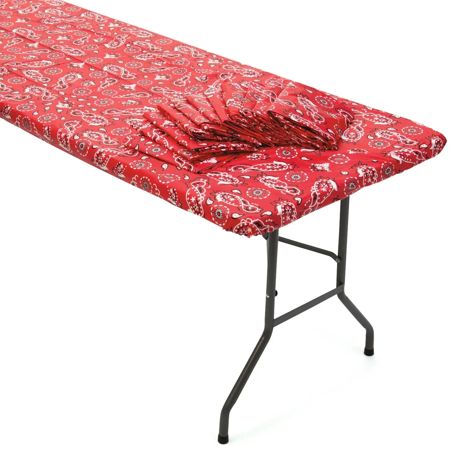 8 Ft. Bulk 12 Pc. Red Bandana Rectangle Fitted Disposable Plastic Tablecloths