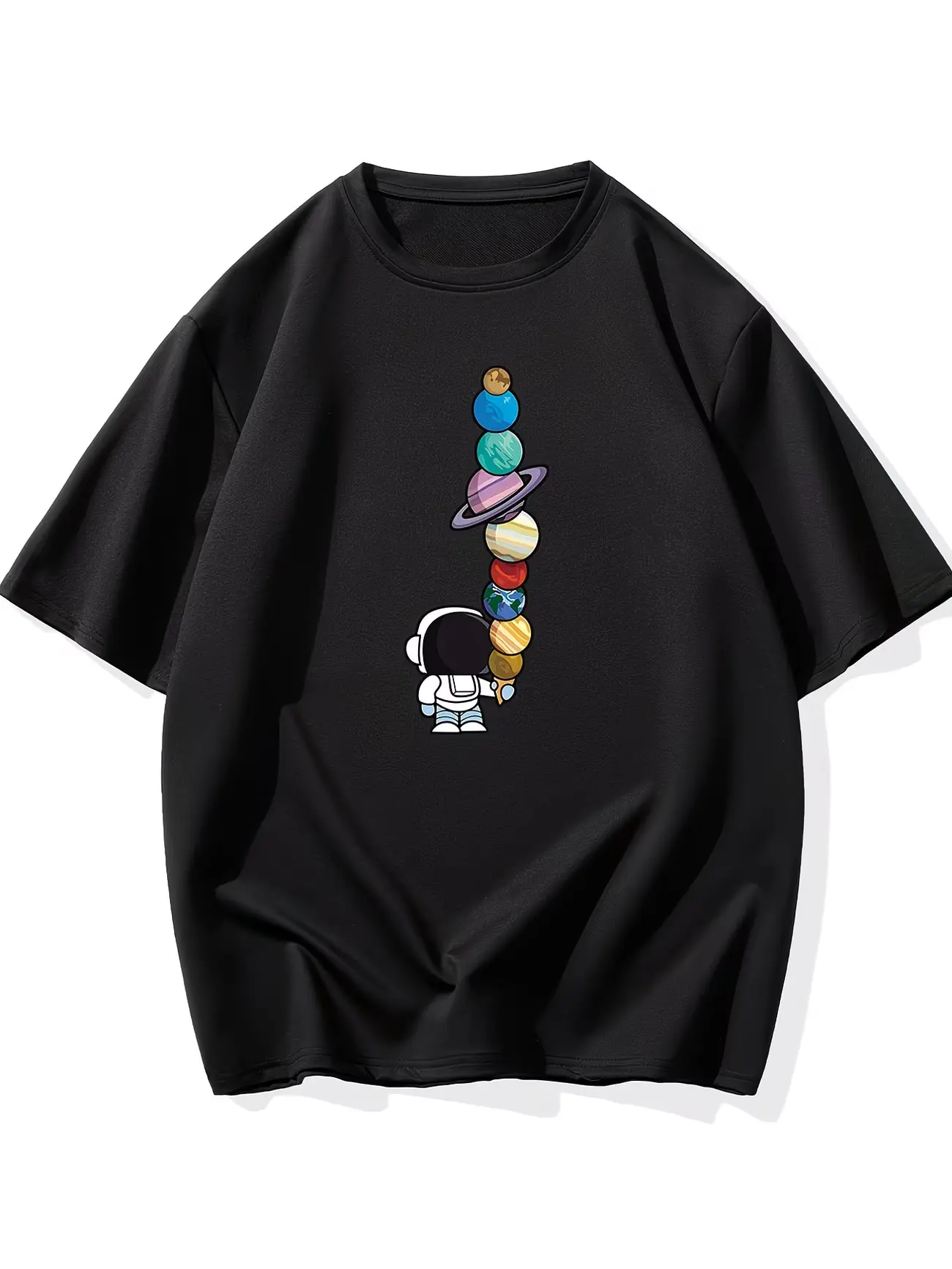 Cartoon Astronaut‑Planet Graphic T‑Shirt, Unisex Everyday Casual Tee, Space‑Ice‑Cream‑Design Relaxed‑Fit Cotton Short‑Sleeve for Men Women