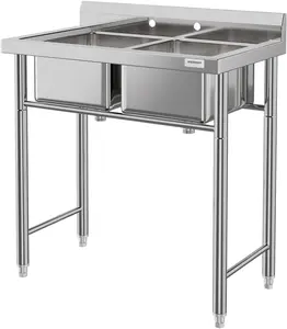 304 Stainless Steel Utility Sink with Drainboard, Commercial Restaurant Kitchen Sink, Large 1/2/3 Bowl Sink, Outdoor Sink, for Business Restaurant, Cafe, Bar, Hotel, Garage, Laundry Room