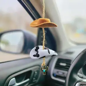 Cowboy Hat Design Car Hanging Ornament, Country Rear View Mirror Hanging Accessories, Cute Handmade Felt Mini Hat Ornament Pendant for Women Girls, Car Hanging Decoration