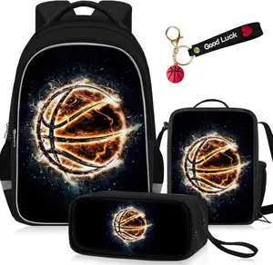 Glowing Fire Spark 3PCS Kids Backpack Set, Waterproof Large-Capacity Student Bookbag with Insulated Lunch Box, Pencil Pouch & Keychain, Dark Starry Sky Fiery Neon Print for Boys Sports Fans