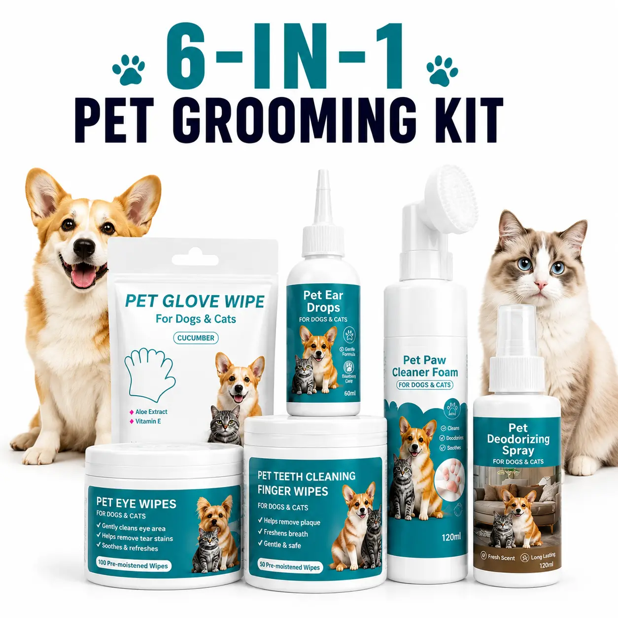 6-in-1 Pet Grooming Kit for Dogs & Cats - Glove Wipes, Pet Eye Wipes, Dental Wipes, Ear Cleaner, Paw Foam & Pet Deodorizer