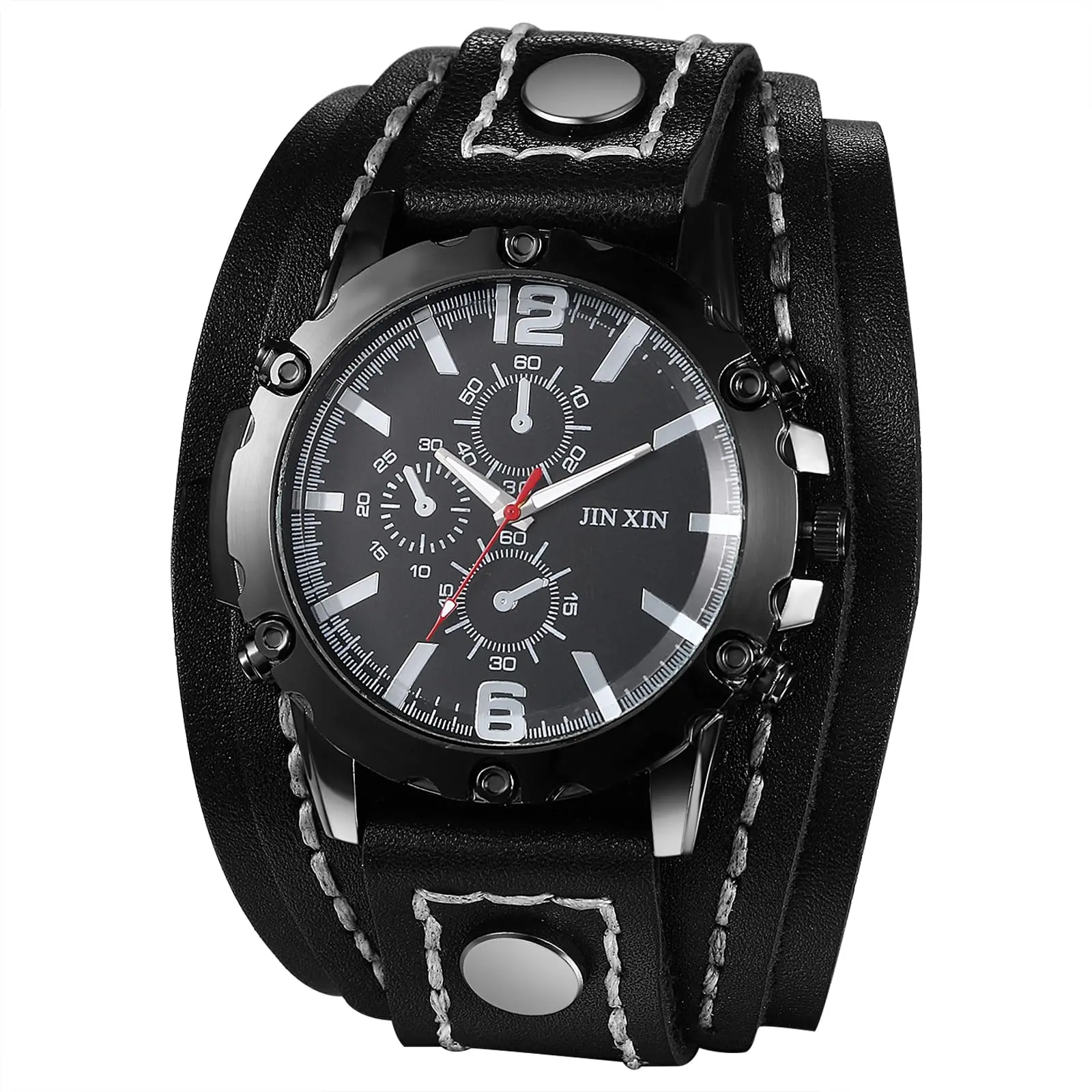 OIDEA Men's Wide Genuine Leather Strap Watch - Punk Style Round Dial Analog Luminous Quartz Wristwatch with 3 Dials, Steampunk Design, Halloween Fashion Accessory Gift for Men's Accessories, Punk Style Watch summerwins