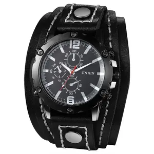 Wide Leather Cuff Watches: Mens Steampunk Round Quartz Hip Hop Leather Wristwatches for Halloween