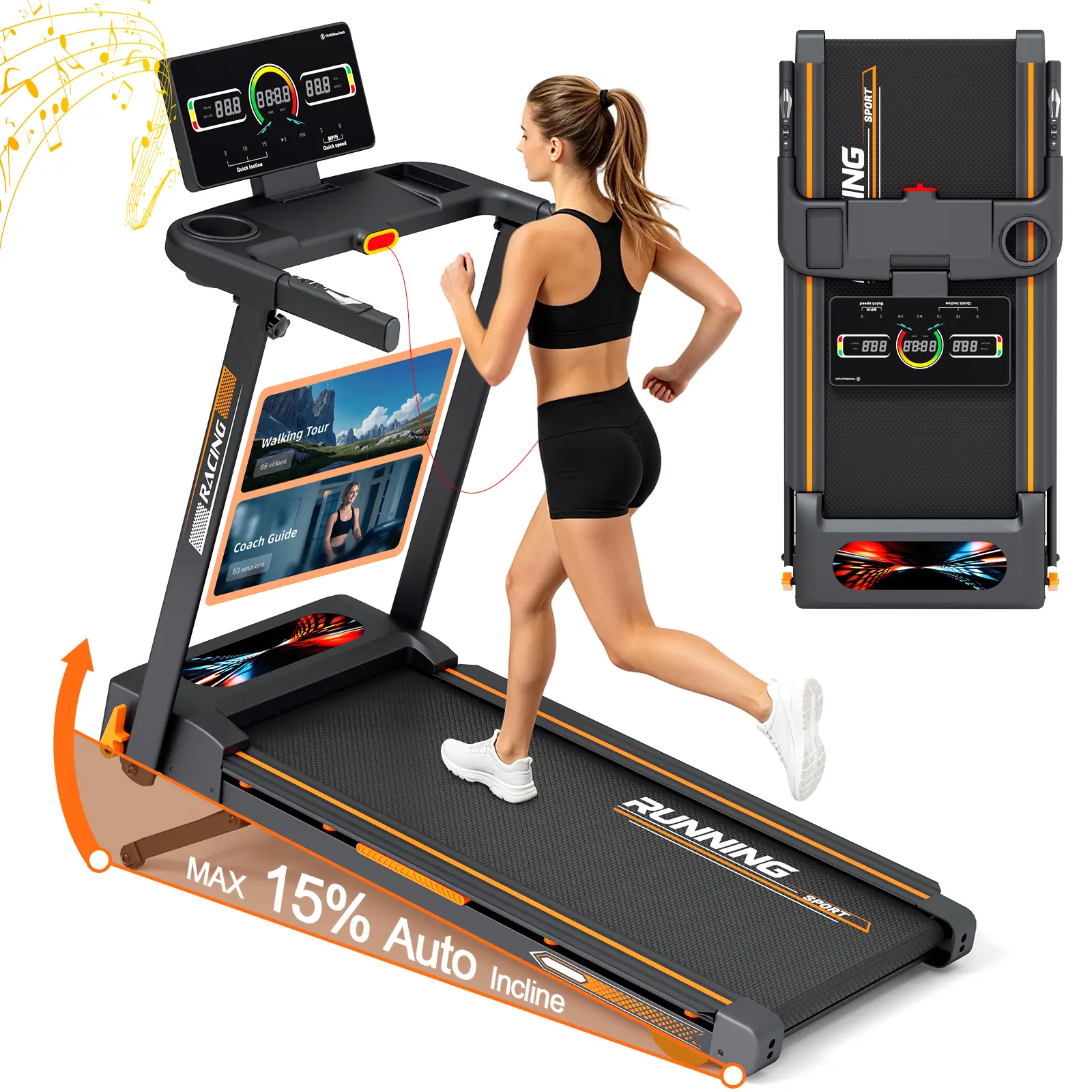 Foldable Treadmill with 15% Auto Incline, 3.0HP Smart Treadmill for Home & Office, 330 lbs Capacity, Bluetooth & App Control, Heart Rate Monitoring, Interactive Fitness App Community, HD Touchscreen, Auto Lift, 8 Shock Absorbers, Multi-Function Desk.