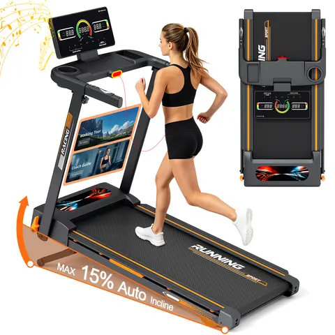 Foldable Treadmill with 15% Auto Incline - 3.0HP Motor Compact Incline Treadmill for Running, Home & Office Use, 330 lb Capacity, Bluetooth App Control, HD Touchscreen, Shock Absorbing Desk