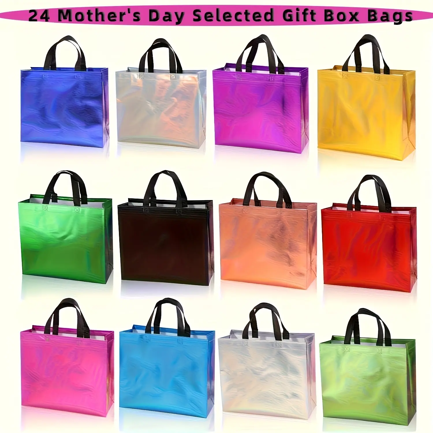 24/12 PCS Holographic Rainbow Gift Bags Jumbo 13x11x5in Reusable Totes Water-Resistant Foldable for Birthday Christmas Teacher Gifts Heavy-Duty Eco Storage Party Wedding Shopping Assorted Color Glossy Colorful
