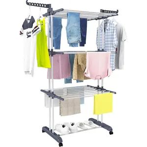 Clothes Drying Rack,  4-Tier(67.7" High) Foldable Stainless Steel Drying Rack Clothing, Movable Drying Rack with 4 castors, 24 Drying Poles and 14 Hooks for Bed Linen, Clothing, Grey