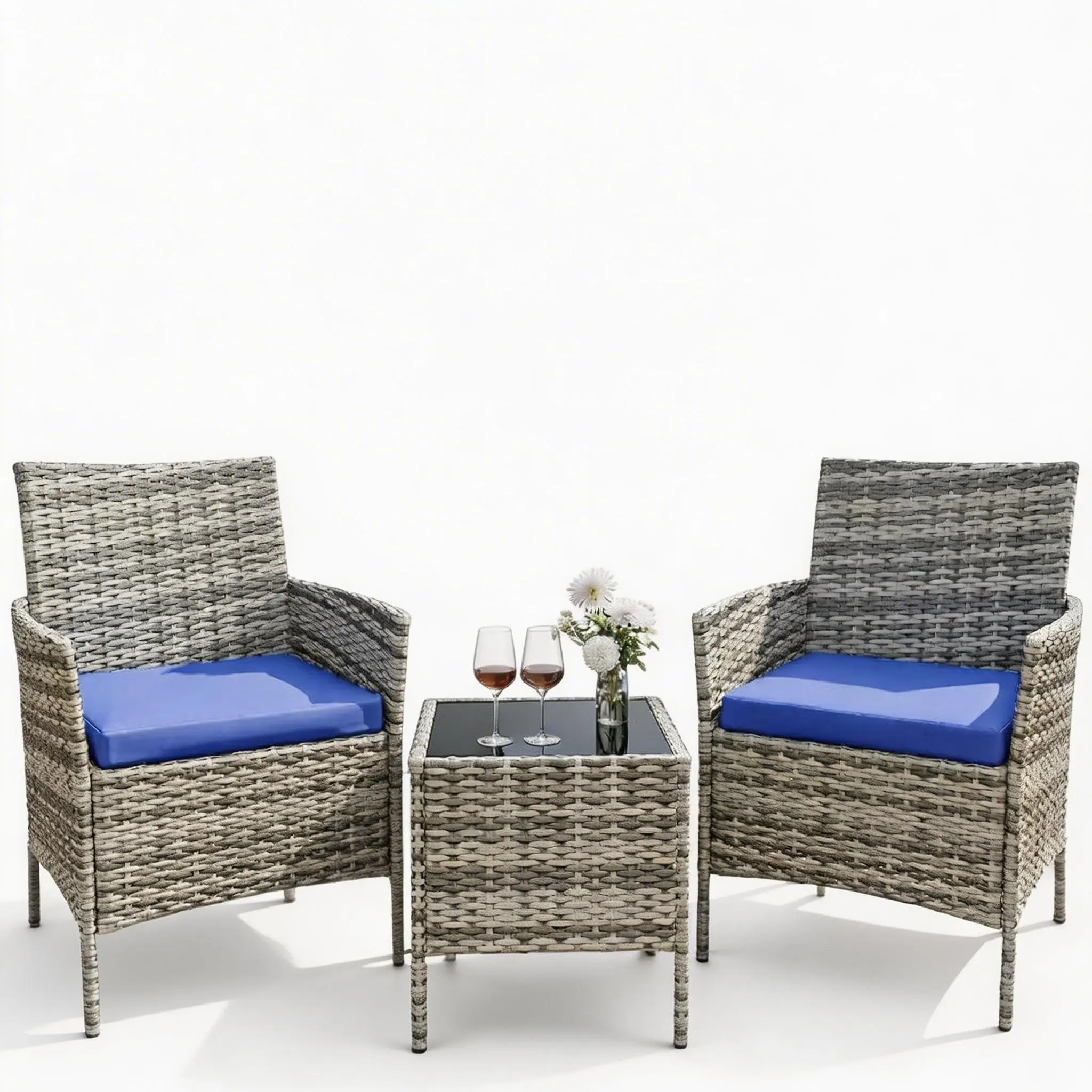 Gaomon 2-Seat 3-Piece Durable Exterior-Facing Outdoor Wicker Bistro Set - Rectangle Tempered Glass Table, Reinforced Steel Frame, Polyester Cushions, Compact Profile, DIY Setup, for Patio, Porch (Gray Gradient Wicker/Blue Cushions)