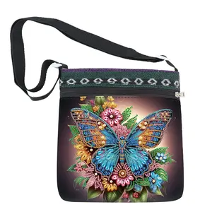Butterfly & Flower Pattern DIY Diamond Arts Colorful Painting Shoulder Bag, DIY Diamond Arts Colorful Painting Bag, DIY Decorative Bag for Diamond Art Enthusiasts, Crafts, Handicraft, Handmade Gifts