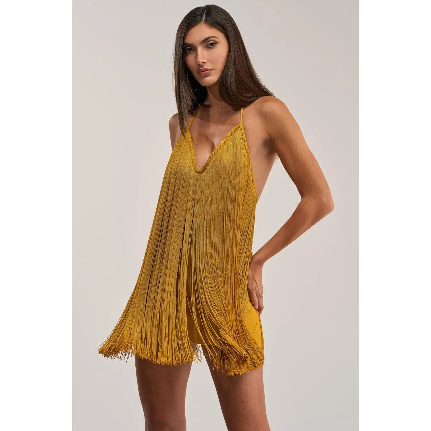 DRINKS ON ME FRINGE MINI DRESS IN GOLD