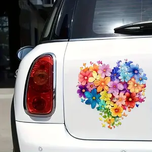 Colorful Flower Pattern Car Sticker, Heart Shaped Car Decal, Waterproof Durable Decorative Decals for Laptop, Bottle, Truck, Cell Phone, Motorcycle, Window, Wall, Cup, Vehicle Exterior Decoration, Side Decals, Bumper Sticker