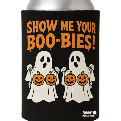 Show Me Your Boo-Bies - Funny Halloween Can Insulator for Spooky Drinks - Durable Neoprene - Funny Ghost Halloween Gift Decor - Drinkware Sleeve Beer
