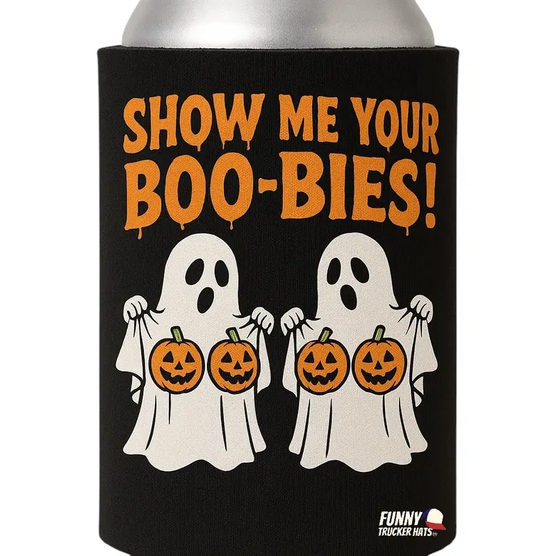 Show Me Your Boo-Bies - Funny Halloween Can Insulator for Spooky Drinks - Durable Neoprene - Funny Ghost Halloween Gift Decor - Drinkware Sleeve Beer