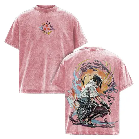 Sasuke Uchiha Washed Anime Tee – Naruto Vintage Graphic T-Shirt, Oversized Heavy Cotton Streetwear Shirt, Unisex Casual Manga Top