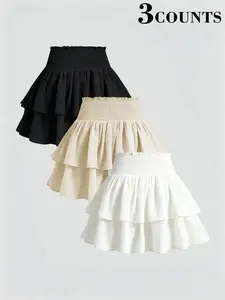 3 Piece High Waist Ruched Layered Ruffle Cake Skirt Set, Ballet Style Sweet & Sexy A-Line Short Skirts, Multiple Colors Available