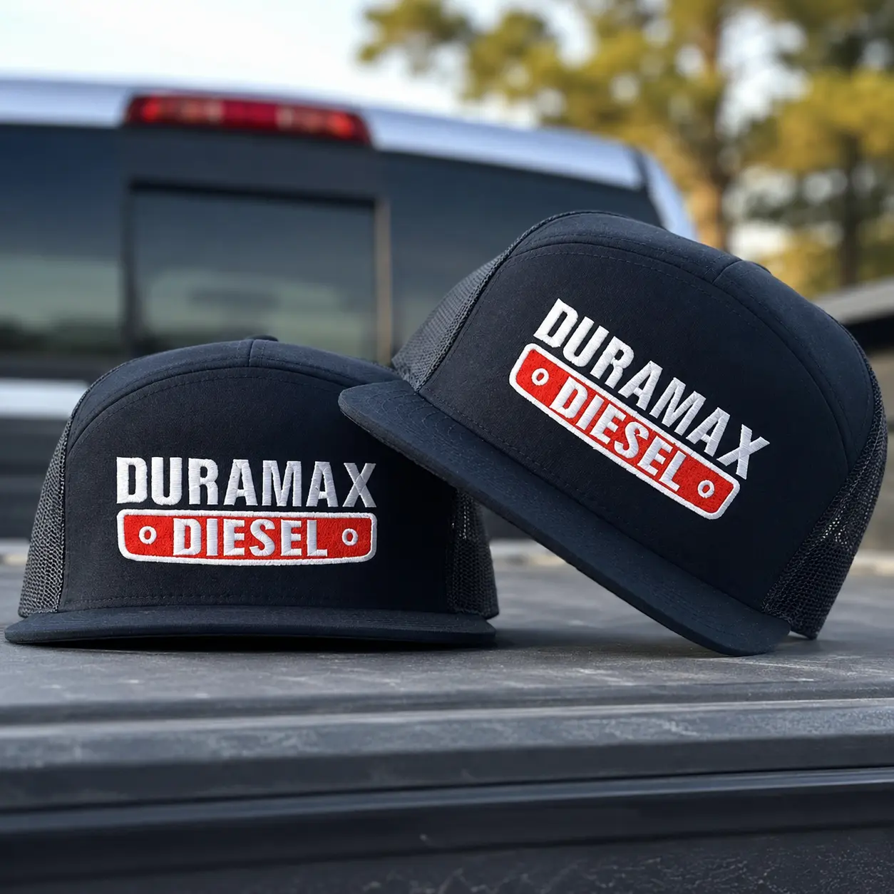 Duramax Diesel Embroidered 7 Panel Trucker Hat, White Snapback Mesh Cap, Heavy Duty Truck Hat, Diesel Trucker Cap, Gift for Truck Lovers