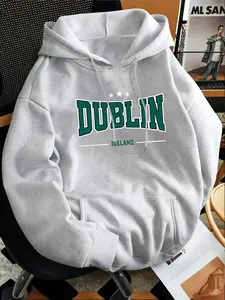 DUBLIN Print Hooded Sweatshirt, Fleece-Lined Thickened Style, Soft & Comfortable, Suitable for Autumn & Winter Daily Wear & Outdoor Sports, Minimalist & Versatile, Men's Casual Hoodie