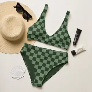 70s Groovy Green Checkered Bikini Set Retro Hippie Crop Top Bikini Vintage High Waisted Swim Suit Checker Bikini Swim Suit