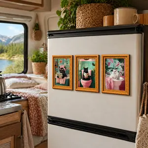 Framed Cat Magnets Set of 3, Funny Cat Art Fridge Magnets for Refrigerator, Locker, Office Board and Cabinet Decor, Cute Gift and Home Decor for Cat Lovers