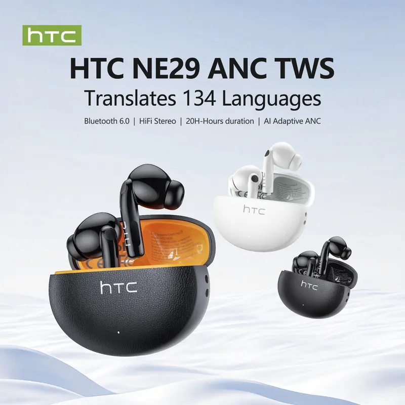 HTC NE29 Wireless Audio Headphones (Bluetooth 6.0) - Smart Wireless Headset with Charging Station, Rechargeable Earbuds, Built-in Microphone, IPX5 Waterproof, 20-Hour Playtime, 3-Month Warranty, Sound Upgrade Sound Feature Accessory