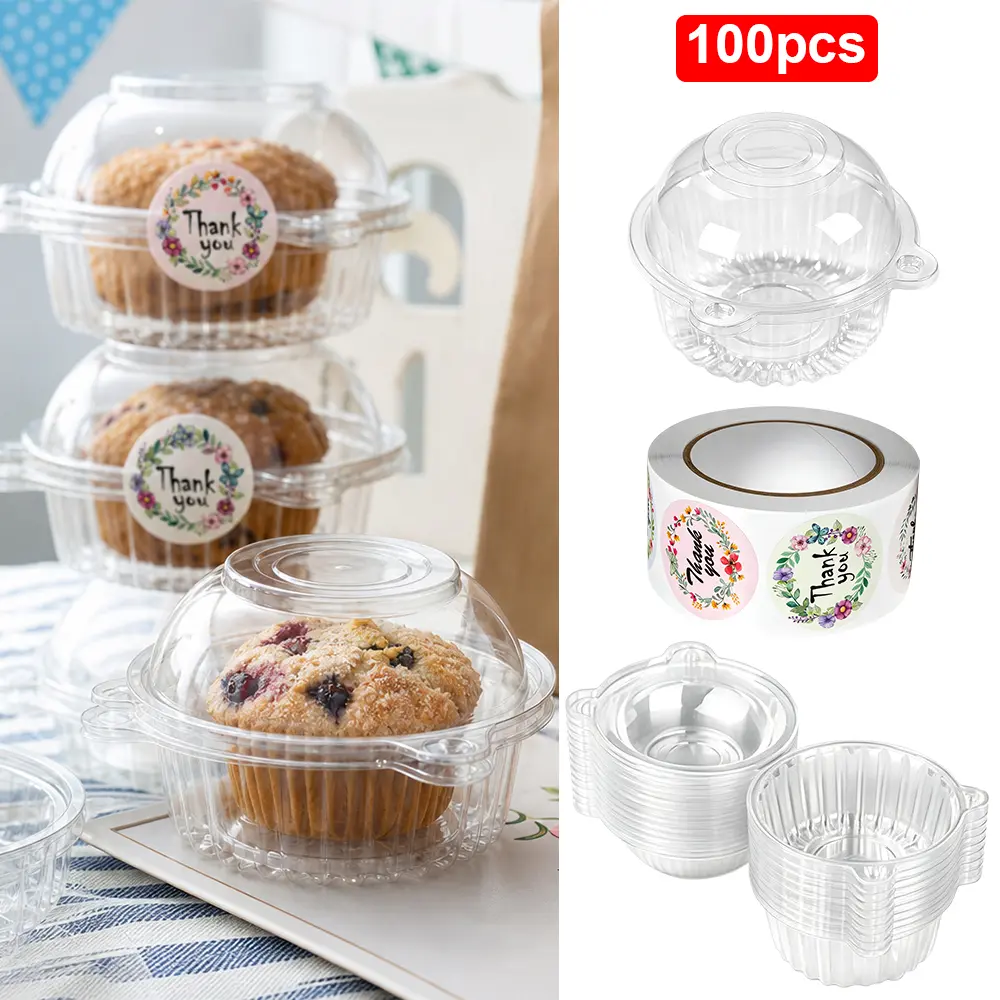 100Pcs Clear Plastic Individual Donut Boxes (11.4×8cm) with 1 Roll Stickers, Disposable Single Pastry Container for Donuts, Cupcakes, Mousse, Mini Cakes, Bakery Packaging for Birthday, Wedding, Party & Home Baking