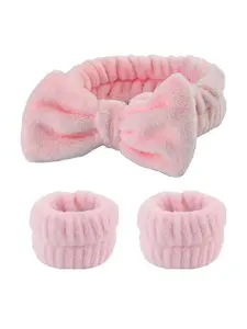 3pcs Pink Color Girls Sponge Spa Puffy Headband Wristbands Hair Accessories Set For Party Gifts ,Daily Use, Wash Face, Makeup Use Lady Mom