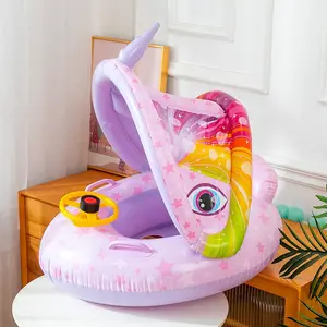 Inflatable Unicorn Pool Float with Removable Canopy & Steering Wheel, Star Print Swim Float with Safety Handles & Built in Seat, Portable Water Float for Pool & Beach, Pool Floaties