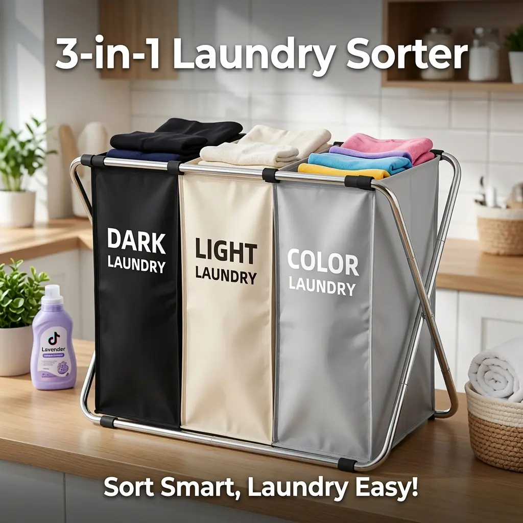 135L 3-Section Laundry Hamper Sorter with Aluminum Frame, Foldable Large Capacity Dirty Clothes Basket, Heavy-Duty Laundry Organizer Bin for Bedroom, Bathroom & Laundry Room, Washable Storage Bag, Black/Grey