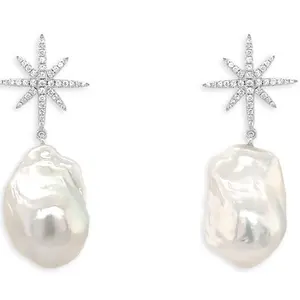 Baroque Pearl & Star Diamond Drop Earrings – 14k Gold