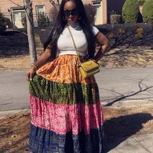 Lamba Adire Patch Maxi Skirt African Print Tiered Skirt Statement High Waisted Flowy Skirt for Women in Vibrant Colors