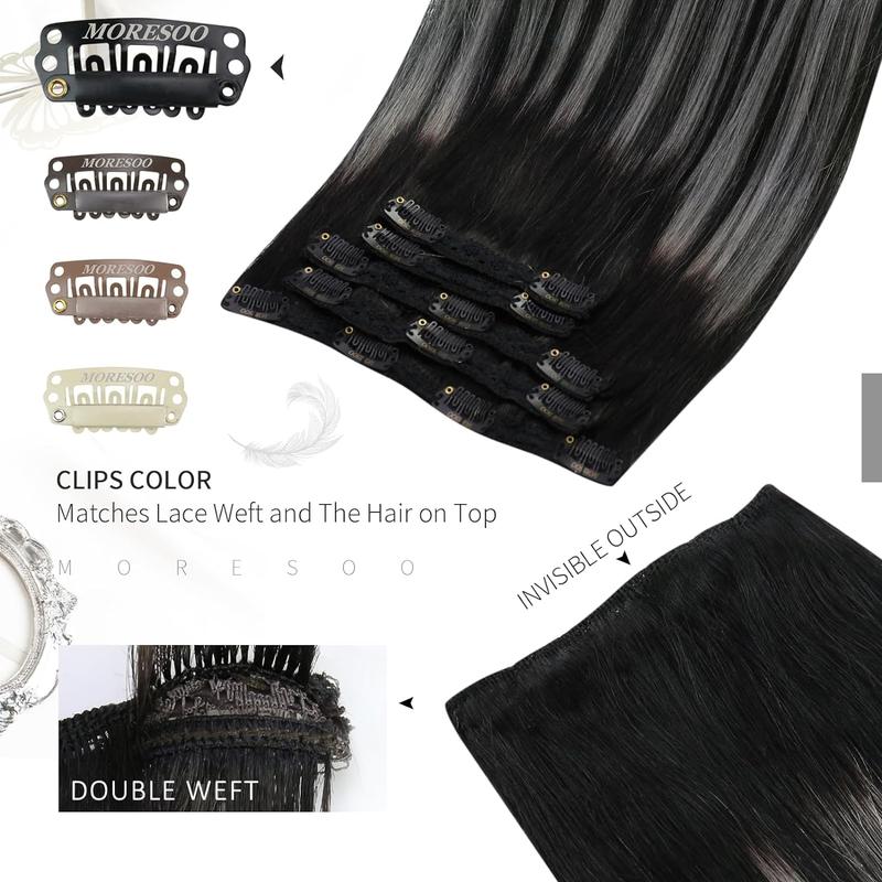 MORESOO Clip-in Hair Extensions Remy Human Hair Natural Straight 10-28inch Invisible Seamless Color Blend Easy Wear Black Hair Clip on for Women