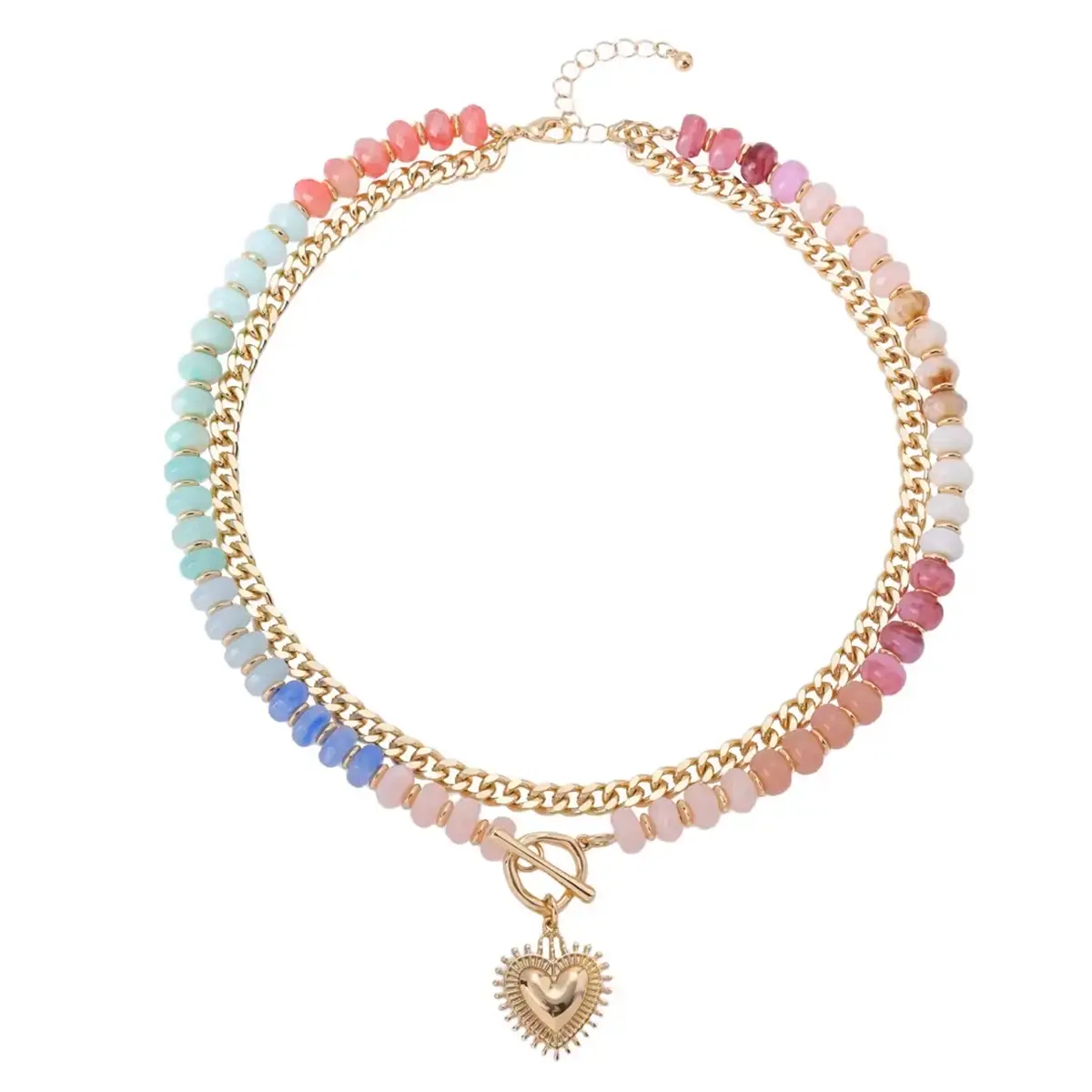 Women's Dopamine-Enhanced Colorful Bead Accent Double-Layer Clavicle  - Gold-Tone Heart Charm Pendant, Chain Heart Element Jewelry, Colorful Charm Bead , Gift for Daily Wear, Bead Accent , Chain Heart Element  beaded