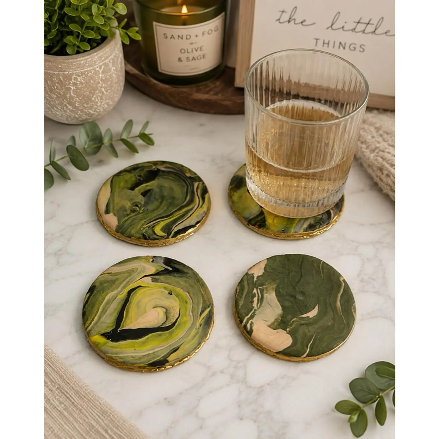 Handmade Polymer Clay Coaster Set of 4 Olive Green Black & Gold Marbled Decorative Table Accessories