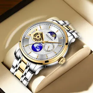 Ornate Cosmic Themed Partial Skeleton Self Winding Mechanical Watch for Men Multi Celestial Functional Subdials Gold Baton Hour Index Adjustable Two-Tone Polished Steel Bracelet Water Resistant High Accuracy Artistic Formal Casual Trendy Timepiece