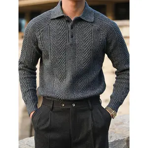 New Men's Vintage-Inspired Cable Knit Shirt - Cozy Acrylic Blend, Long Sleeve with Half-Button Placket, Ideal for Spring & Autumn Casual Wear Black Polo Sweater Fabric Knitwear Menswear Collar Medium Nylon Polyester Stretch Tops Beige