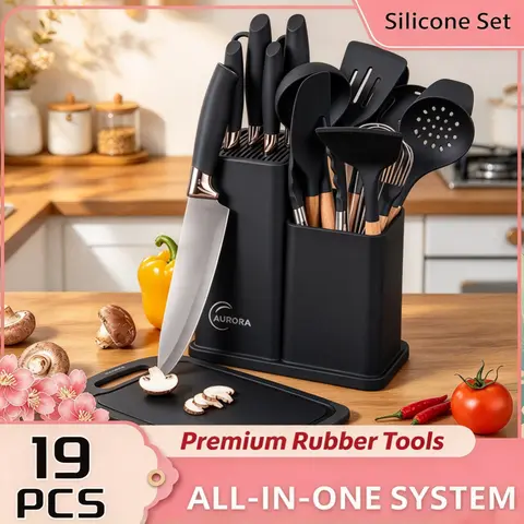 Women's 19 pcs Kitchen Cooking Set - Food grade Silicone Kitchenware with Wooden Handle, Non stick Pot Tools, Including Spoon and Spoon, Cutting Board Gift Set Resistant to 446 Fahrenheit, Ideal Christmas Gift for Mom & Husband's Birthday Wedding