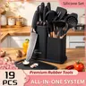 Women's 19 pcs Kitchen Cooking Set - Food grade Silicone Kitchenware with Wooden Handle, Non stick Pot Tools, Including Spoon and Spoon, Cutting Board Gift Set Resistant to 446 Fahrenheit, Ideal Christmas Gift for Mom & Husband's Birthday Wedding