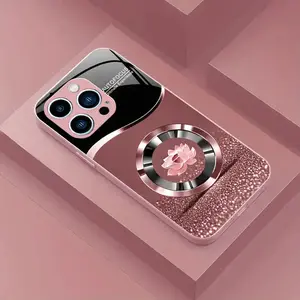 Pink Glitter Ring Lotus Pattern, Pink Metal Glass Phone Case, Suitable for iPhone 17 16, 15, 14, 13, 12, 11 Plus Pro Max