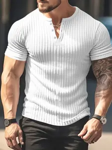Men's casual Henry collar short-sleeved T-shirt, with stretchable striped fabric, fashionable for spring and summer wear, comfortable for daily use