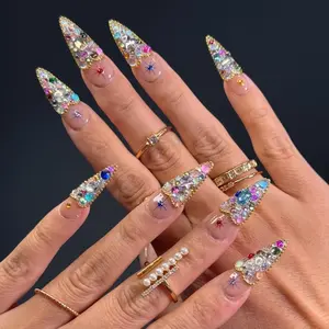 Handmade Press On Nails 3D Gel Gold Gems Rhinestones Heart Crystal Charms