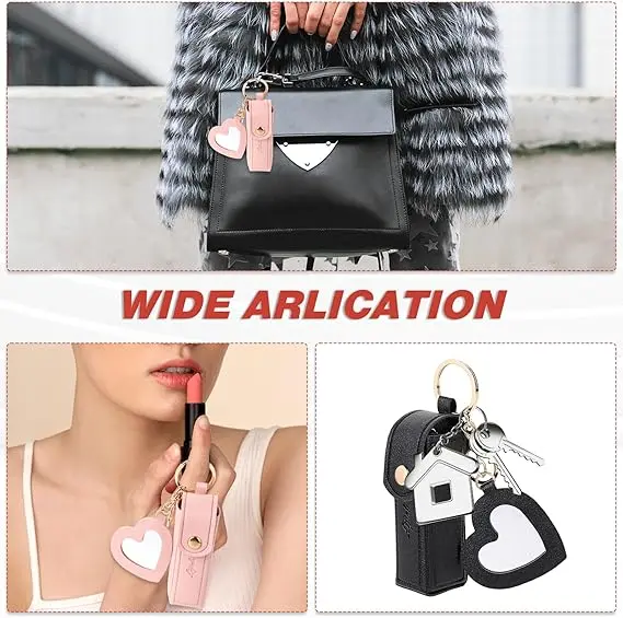 2 PCS Lipstick Holder Keychain PU Leather Potable Chapstick Holder