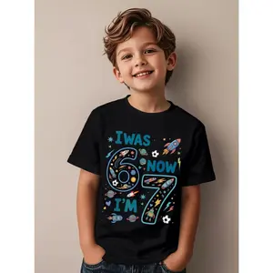 7-Year-Old Birthday T-Shirt | "I Was 6 Now 7 & 67" Fun Number Design, Unisex Casual Short Sleeve Top for Boys, Crew Neck, Perfect for Birthday Party, Machine Washable