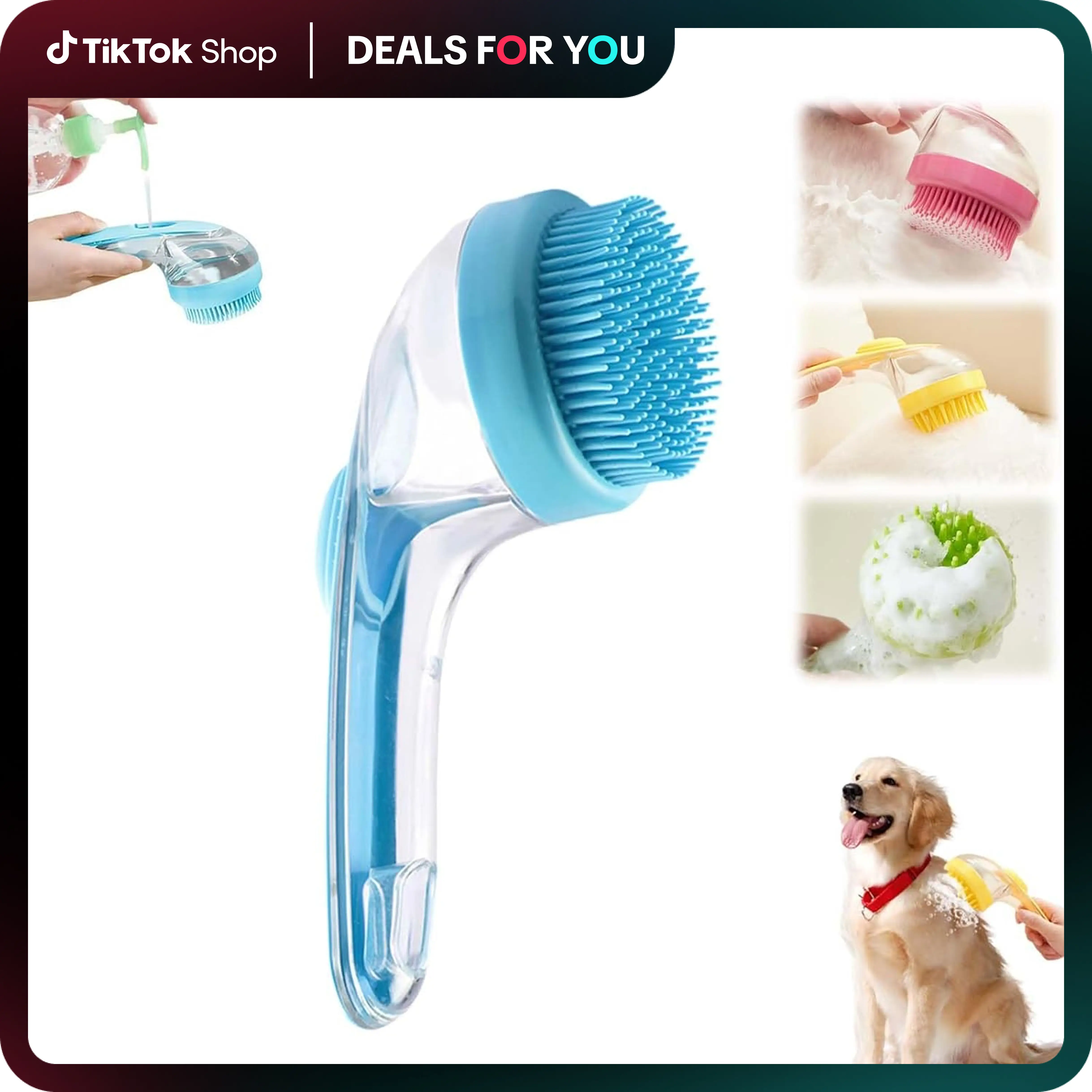Pet Bath Brush 2 in 1 Dog Bath Brush with Built-in Shampoo Dispenser Multi-functional Dog Bath Brush for Long & Short Haired Dogs Cats Shower